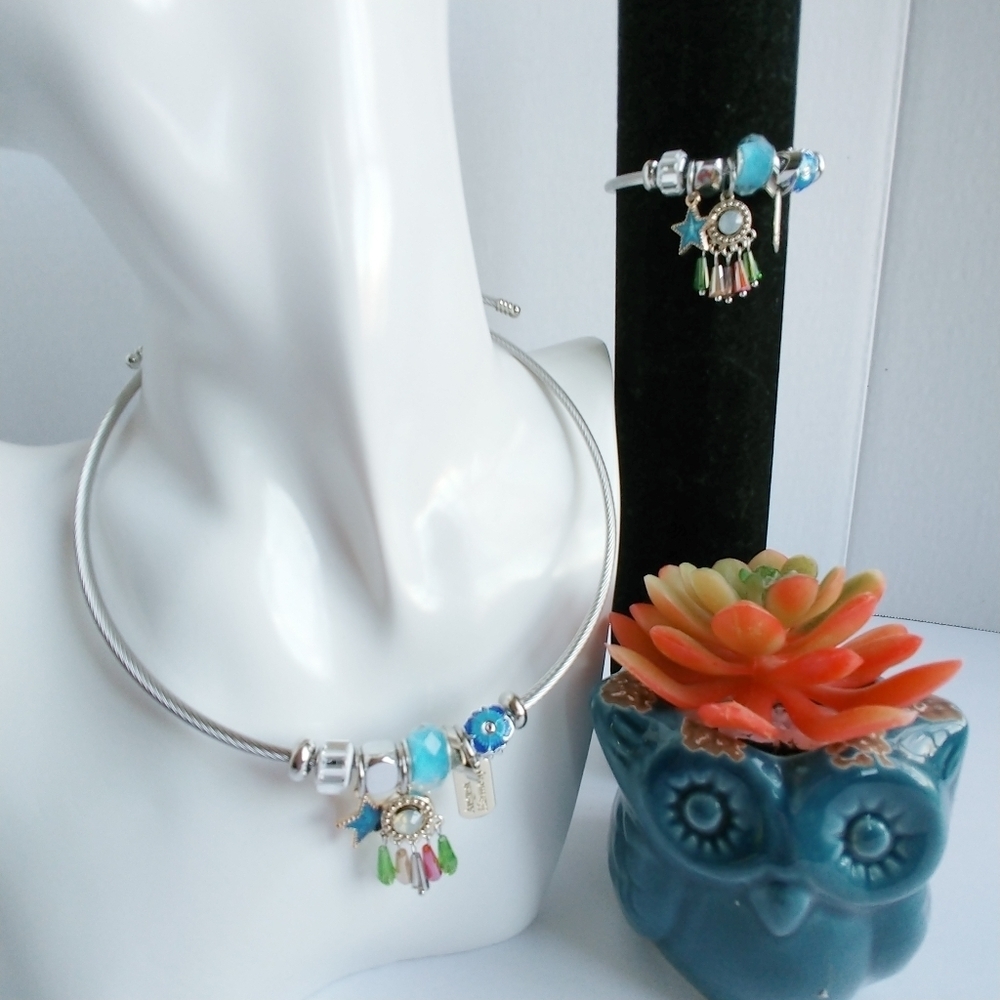 Silver Stainless Steel Cable Necklace and Bracelet Set Dreamcatcher Charm